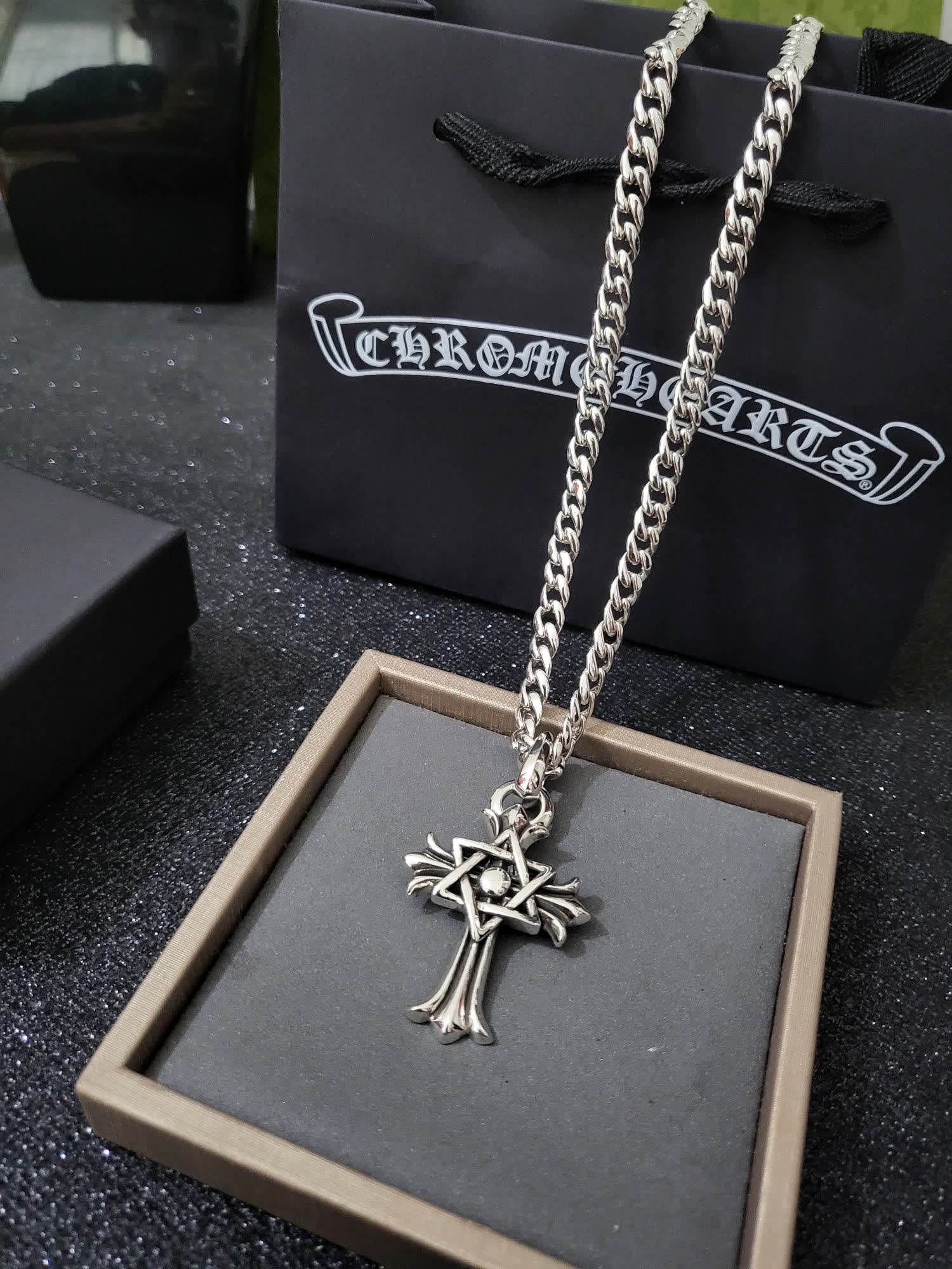 Chrome Hearts Silver Cross Pendant with Star of David